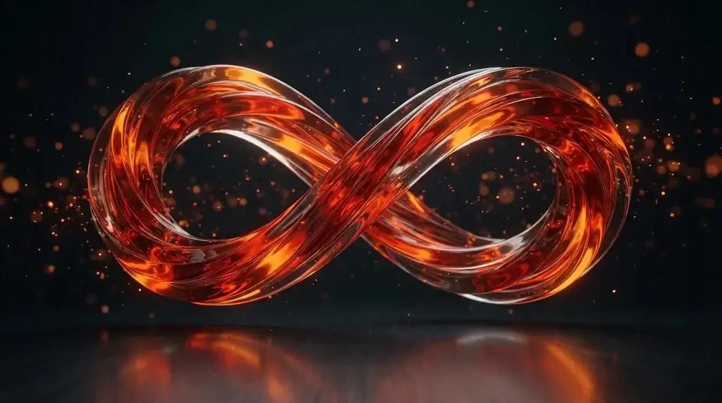 A loop of molten ember glass in the shape of an infinity sign, surrounded by sparks